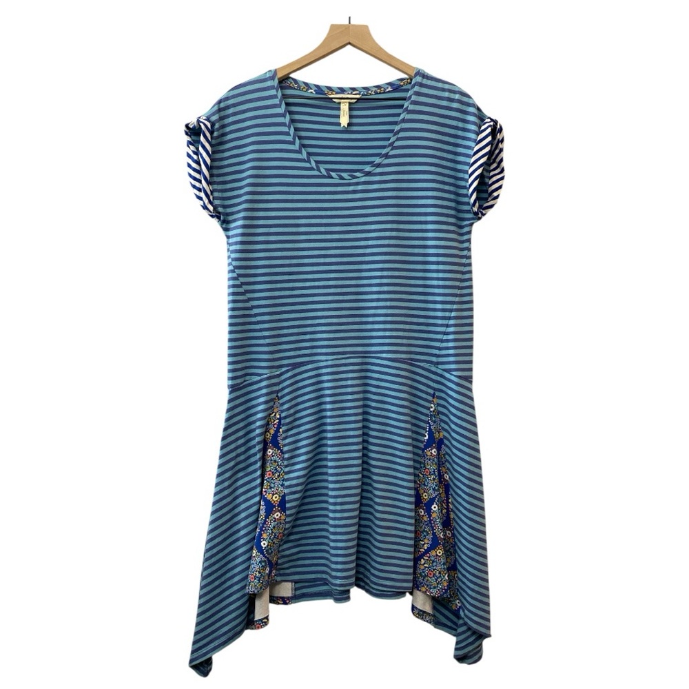 Matilda Jane Striped T-Shirt Dress Size‎ L Blue Asymmetrical Mixed Print Cottage
